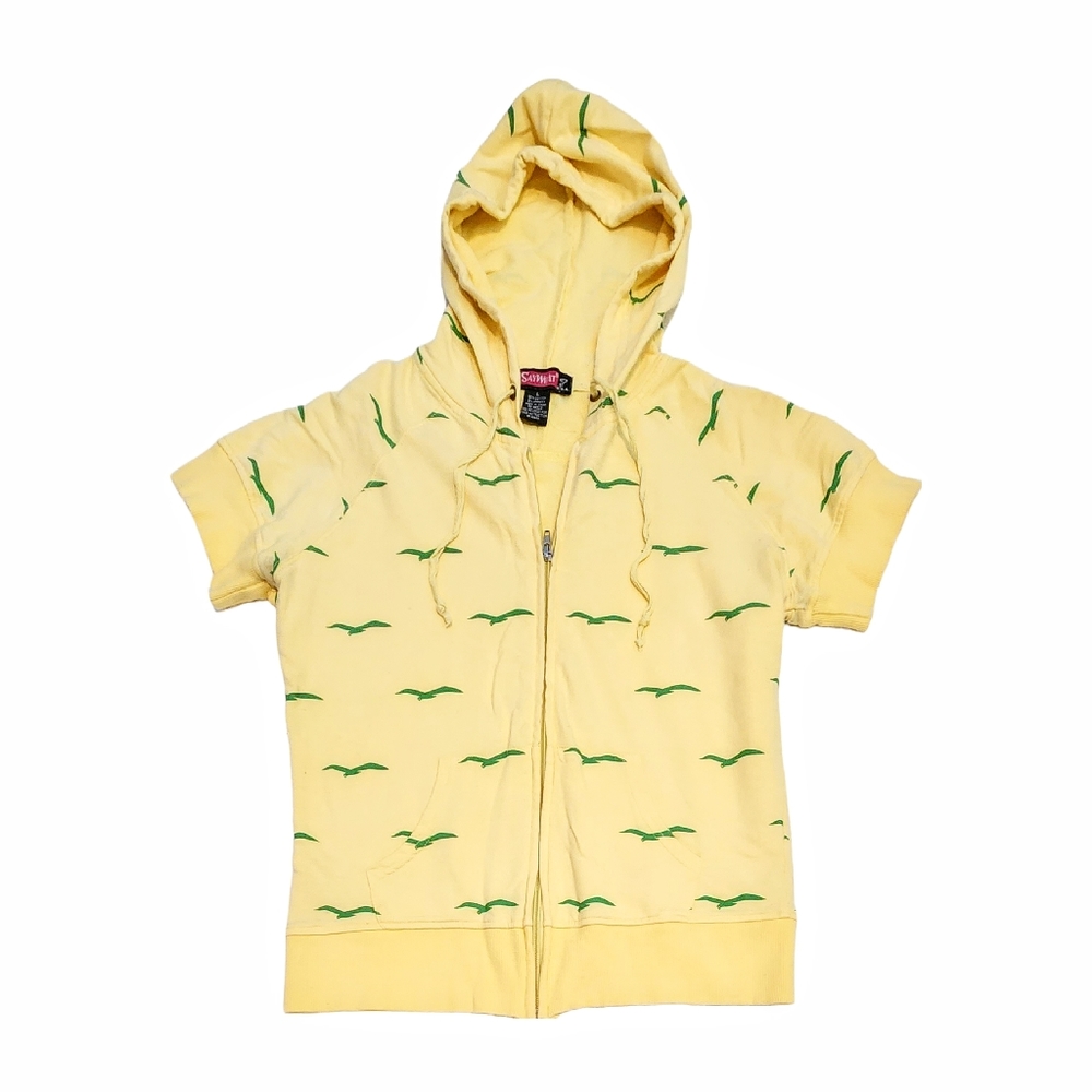 Full Zip Hoodie Short Sleeve Seagulls Yellow Beach Nautical Large Vintage